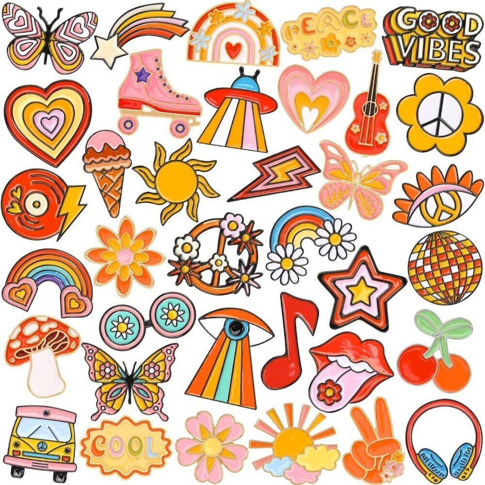 36PCS Hippie Enamel Pins Bulk Preppy Lapel Badges for Women Girls DIY Brooch Pin